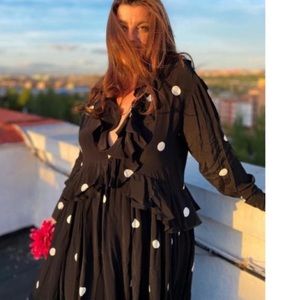 H&M Black Polka Dotted Flounced Ruffle Oversized Maxi Dress